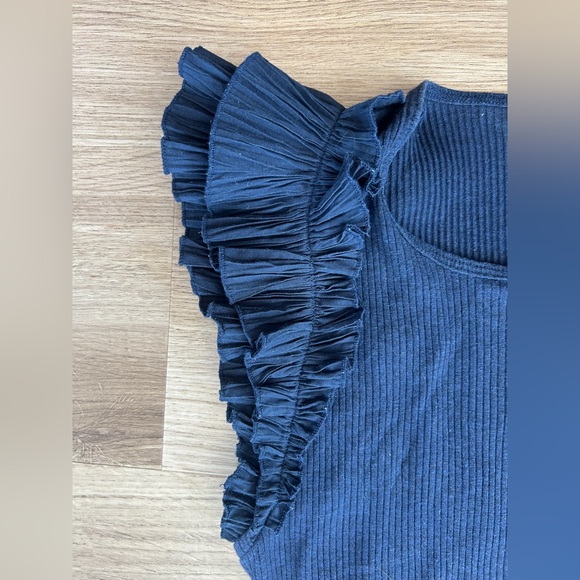Ulla Johnson Lilo Top In Midnight Ultra Fine Ribbed Knit Layered Ruffle Sleeves - Picture 4 of 11